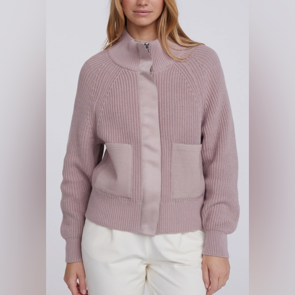 Varley Delfern Sweater Jacket M Bark Rose Funnel Neck Rib Knit Patch Pockets